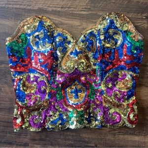 SAKS FIFTH AVENUE vintage silk multi-color sequined bustier corset top